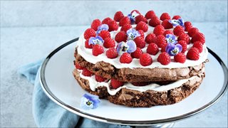 Glutenfri chokoladelagkage med vaniljeskum og hindbær