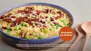 Orzo pasta med ærter og bacon