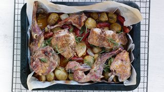 Kanin el. kylling med chorizopølse og kartofler