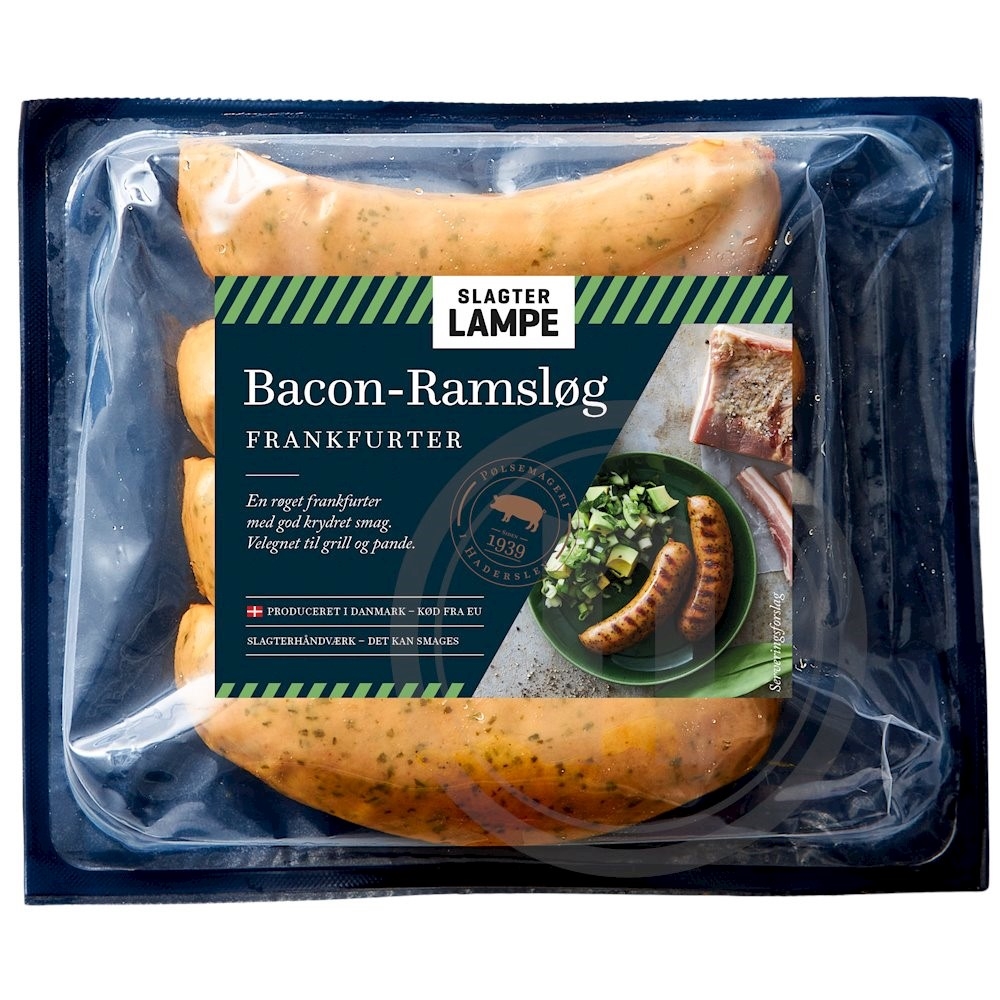 Slagter Lampe Frankfurter med Bacon og Ramsløg .
