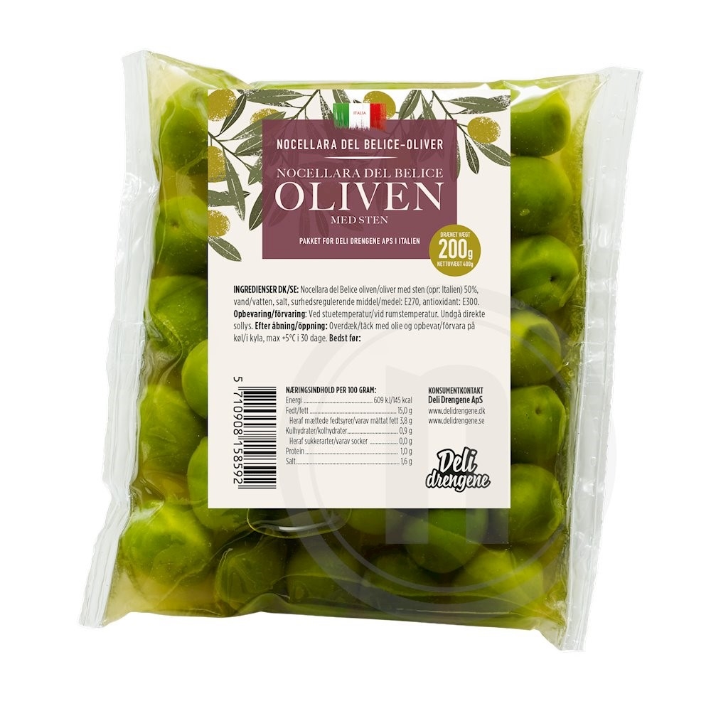 Deli Drengene Nocellara oliven grønne med sten 180 g