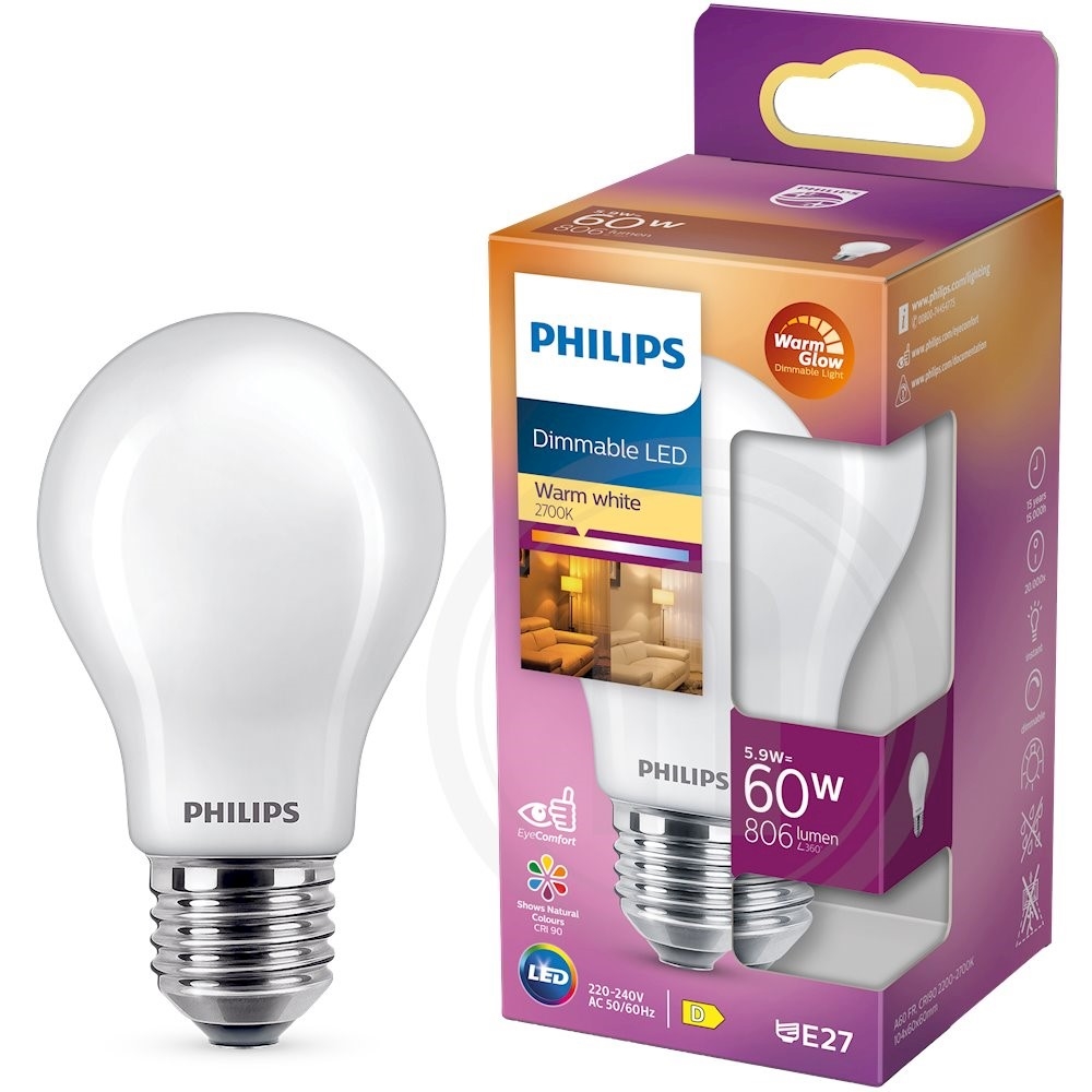 Philips LED kronepære 60W E27 varm hvid