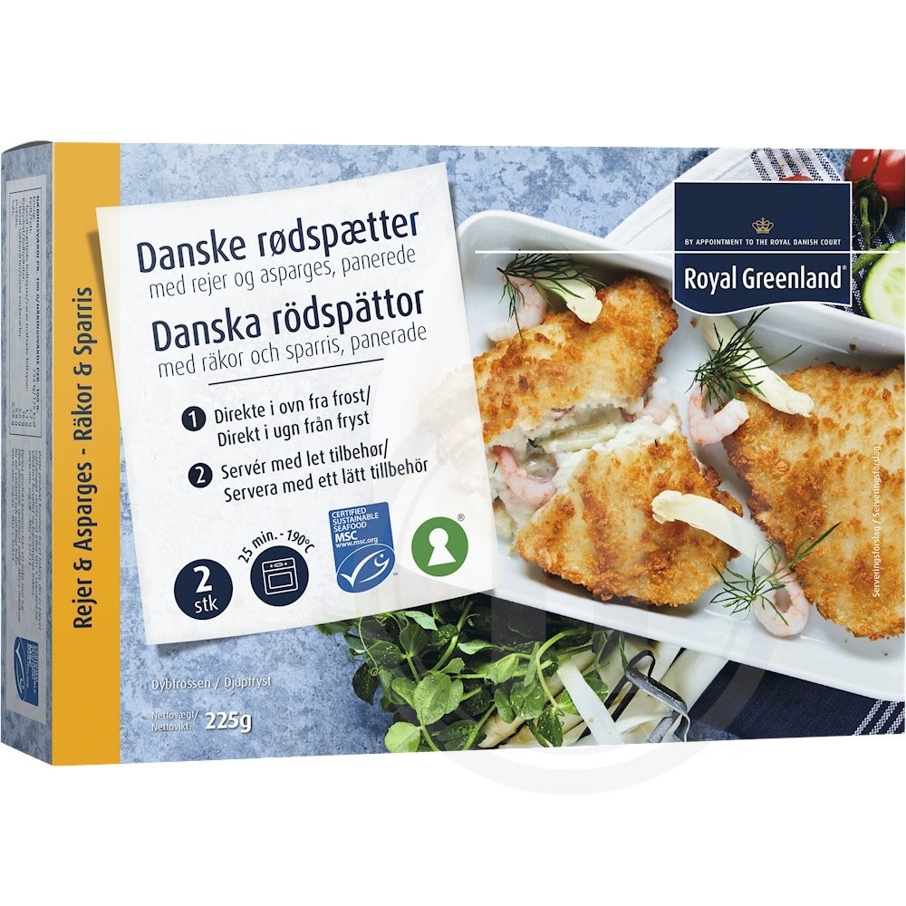 Rødspætter panerede m. rejer og asparges, .