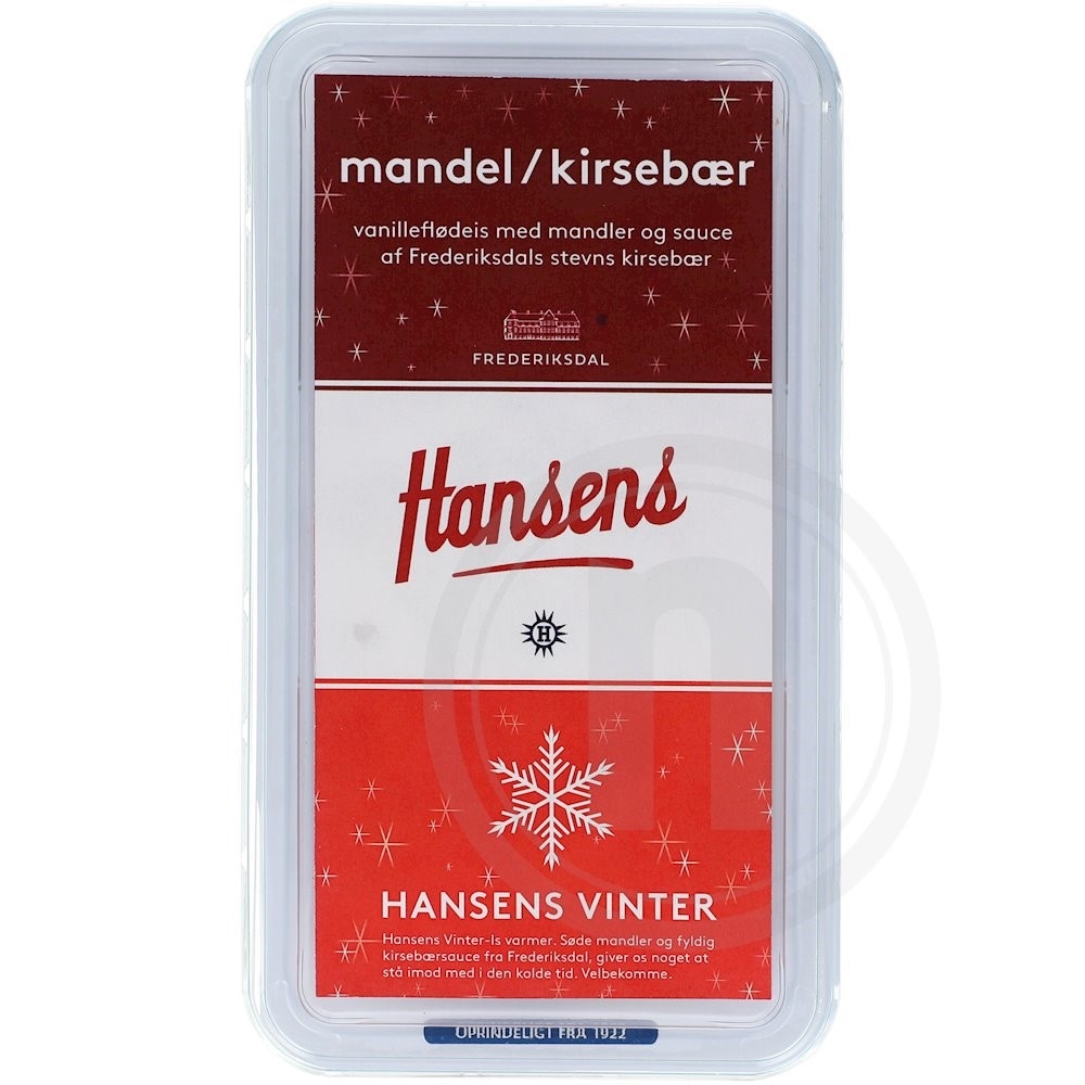 Hansens Flødeis Vaniljeis m. kirsebærsauce og mandler